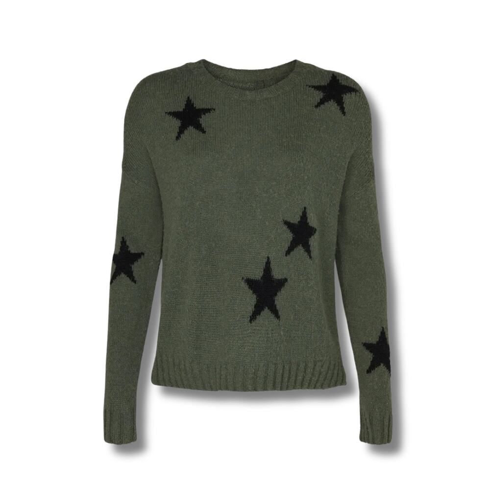 Rails Perci Merino Wool Sweater M Olive Black Stars Soft Cozy Lightweight Green